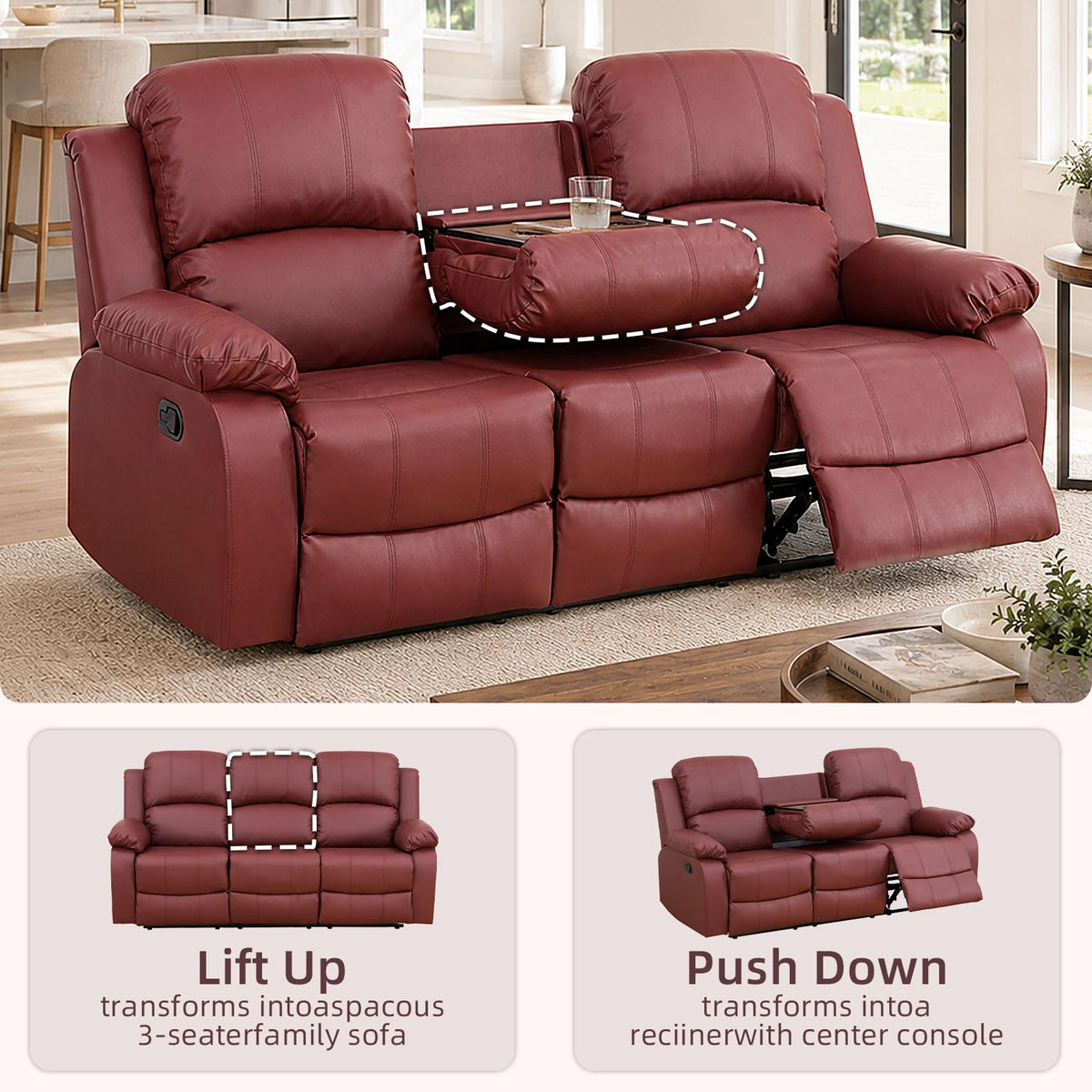 Manual Reclining Couch Sofa Set with Drop-Down Table, 3 Pieces Brown Leather Recliner Couch Sets, Living Room