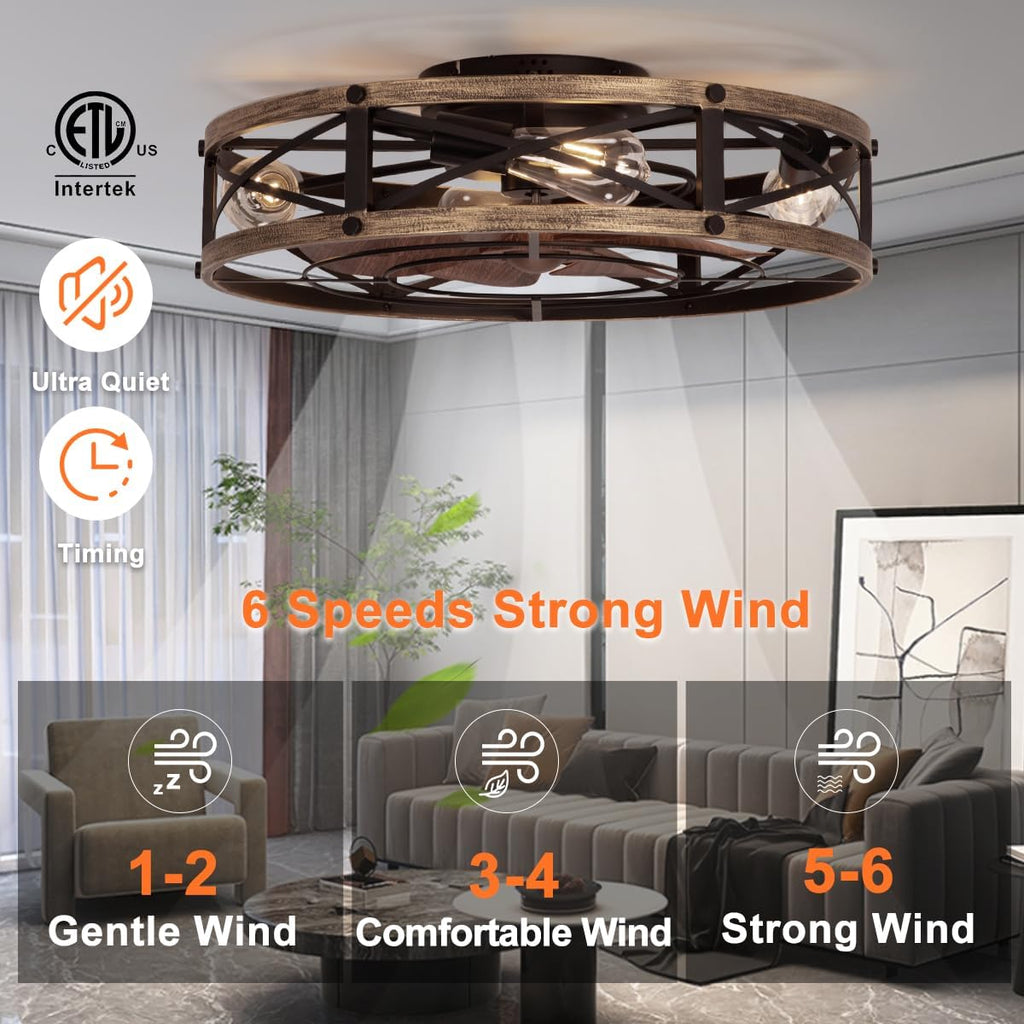 22" Flush Mount Caged Ceiling Fan with Light & Remote