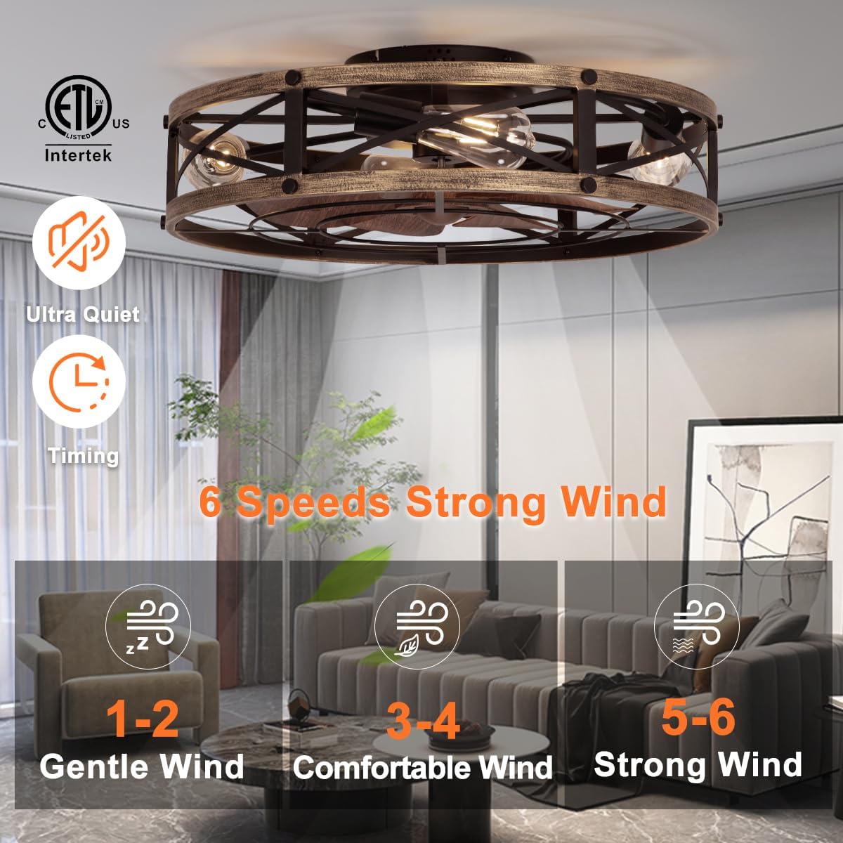 22" Flush Mount Caged Ceiling Fan with Light & Remote