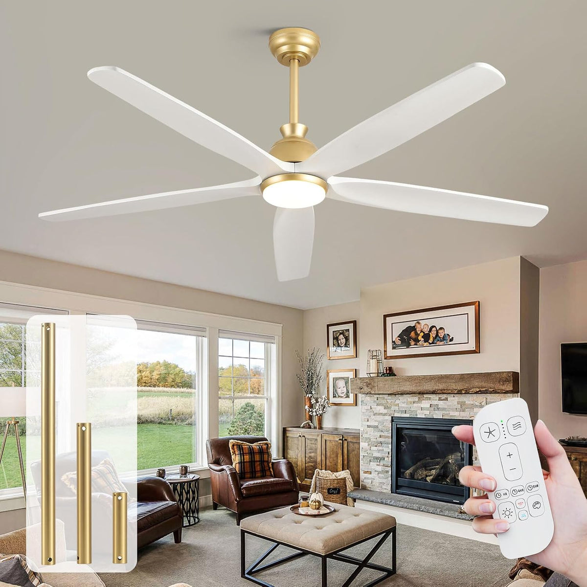 60-Inch Ceiling Fan with LED Light and Remote, White and Gold Finish