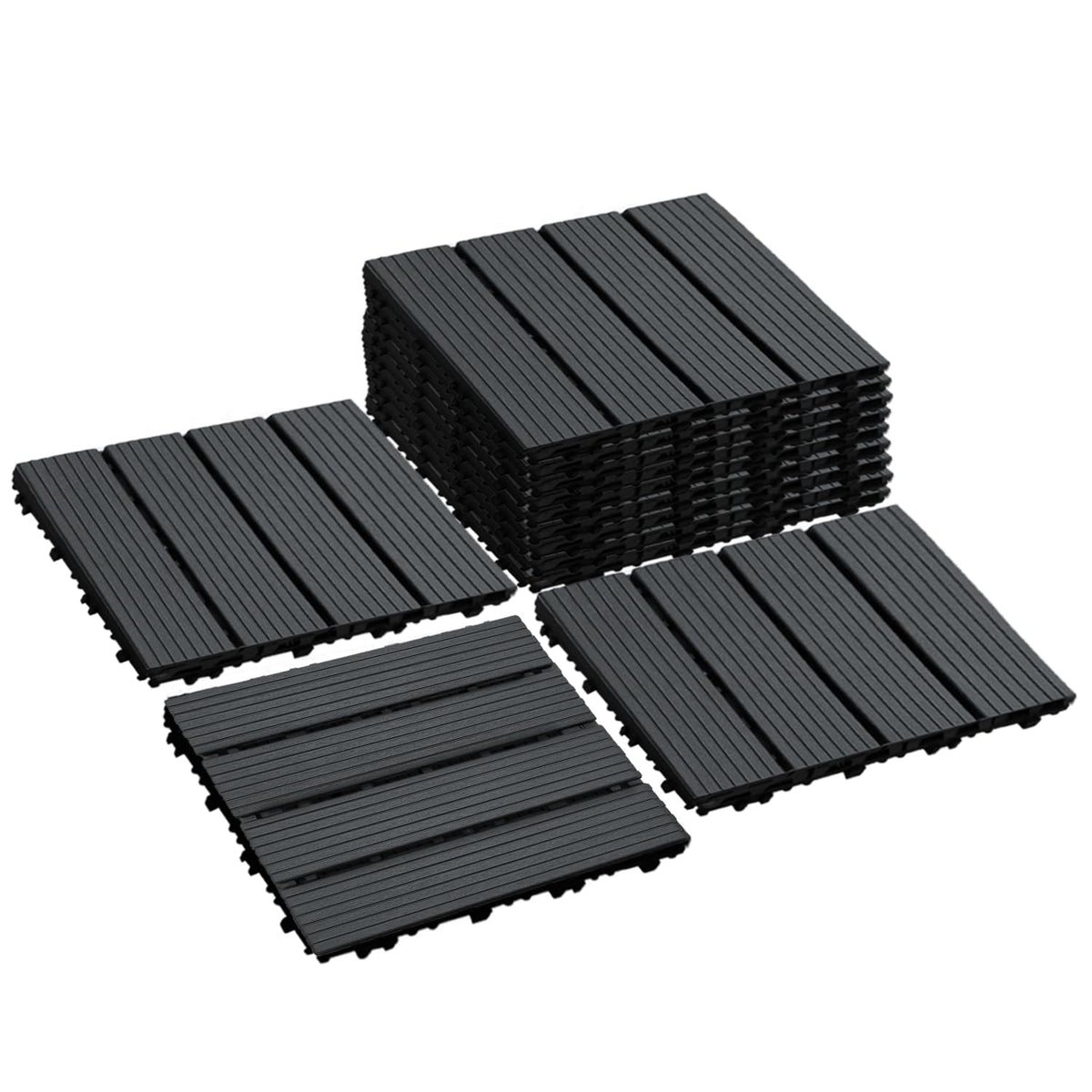 12 PCS Plastic Interlocking Patio Deck Tiles - 12" x 12" Waterproof Indoor Outdoor Flooring, Patio Floor Decking for Balcony, Backyard, Garden & Poolside, All Weather Use, Dark Grey