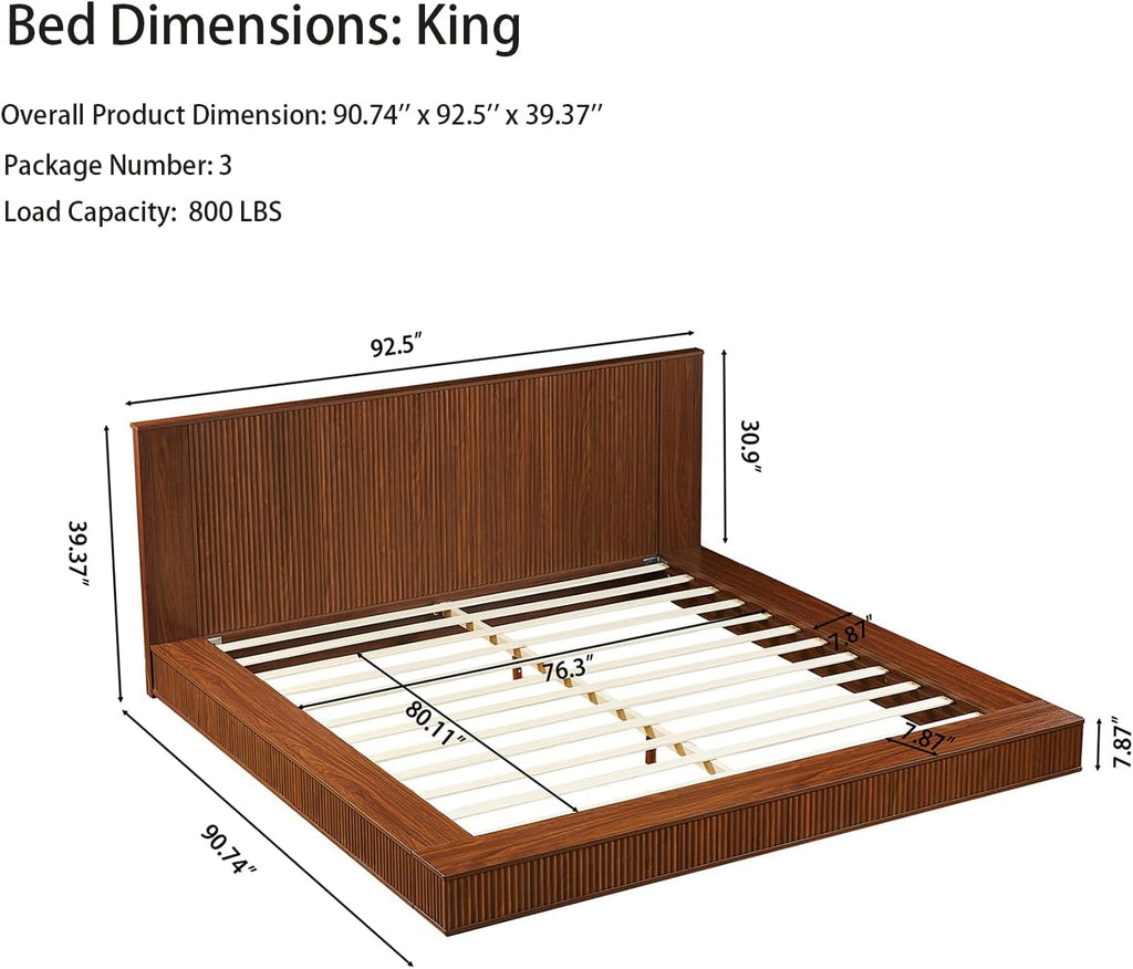 Floor Wooden Bed Frames with Walnut Headboard (Walnut)