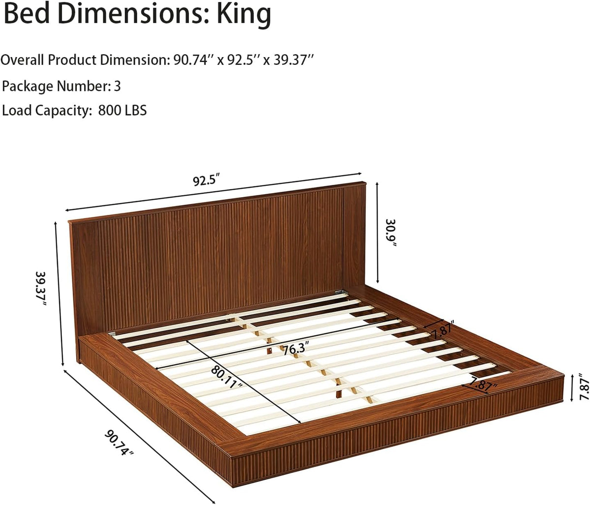 Floor Wooden Bed Frames with Walnut Headboard (Walnut)