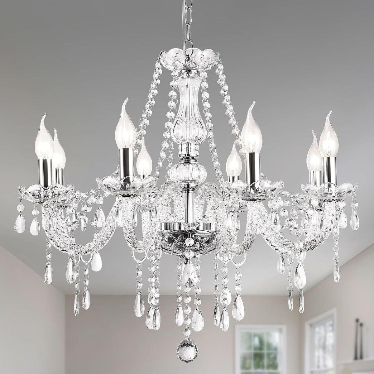 Eight-Light Modern K9 Crystal Glass Chandelier with Clear Pendants