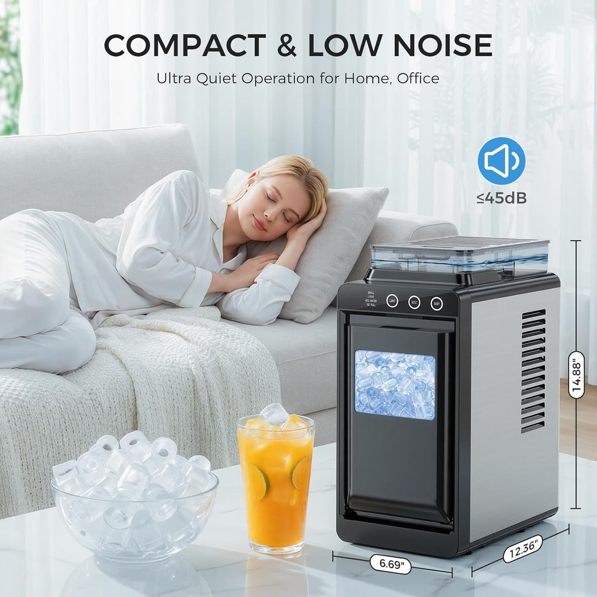 Ice Maker Countertop, Portable Ice Machine with External Water Tank, 8 Cubes in 6 Mins, 26 lbs/24Hrs, Self-Cleaning