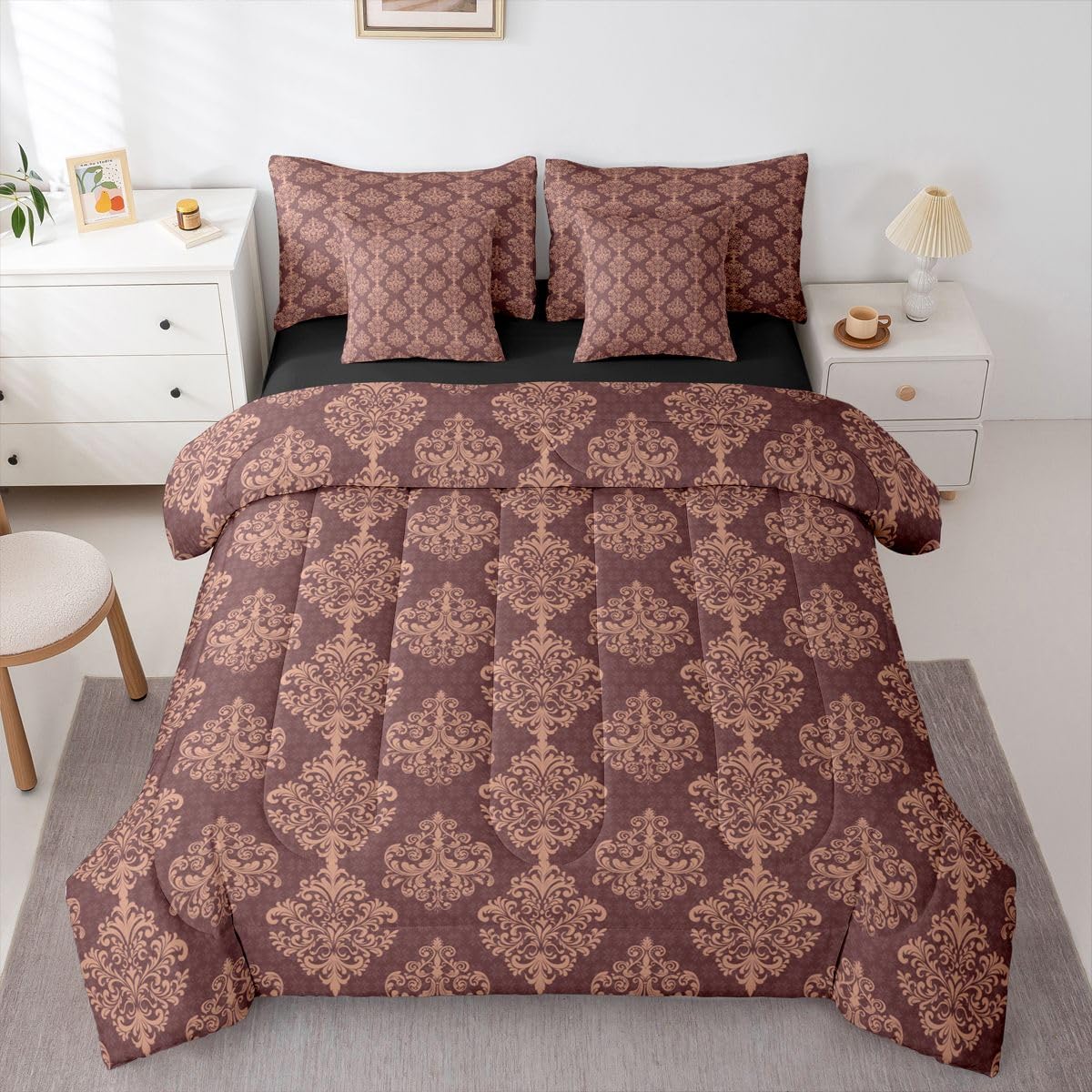 Brown Gothic Comforter Set with Sheets 7 Piece Exotic Floral Damask Bed in A Bag Baroque Vintage Flowers