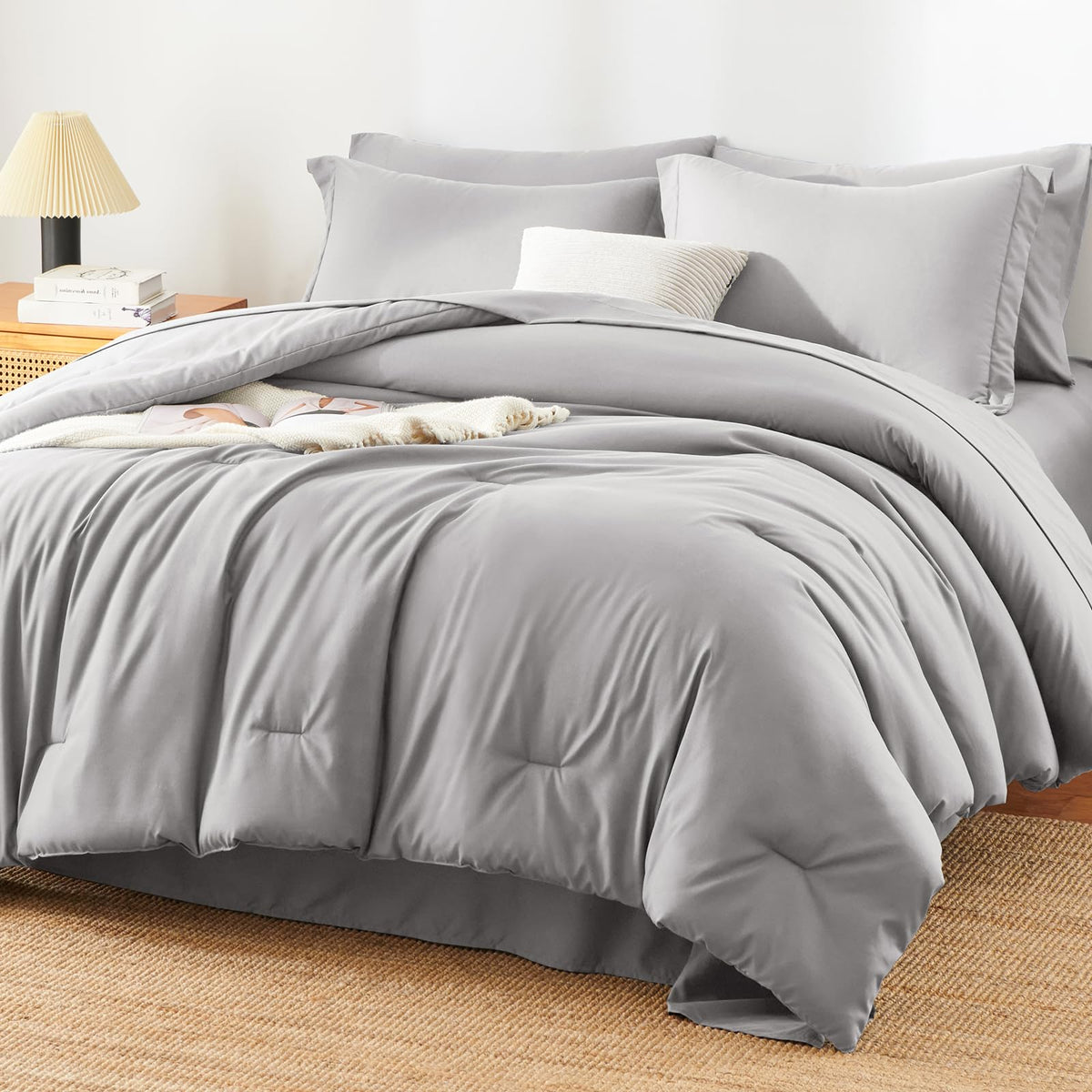 King Comforter Set, 7-Piece Point-Quilted Bed in a Bag, French Grey
