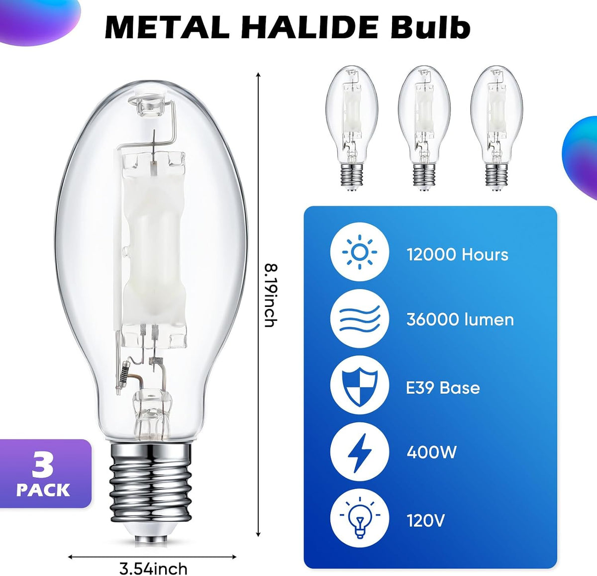 3 Pack 400watts Mh400/u/mog M59 Metal Halide Lamp