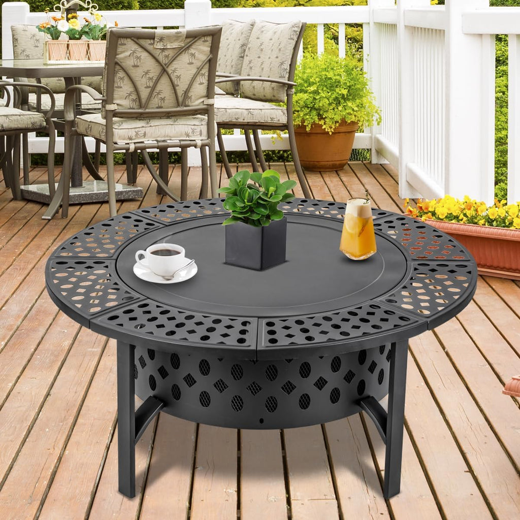 42 Inch Fire Pit with 2 Grills, Extra Large Wood Burning Fire Pits for Outside with Lid & Poker, Heavy Duty Firepit,BBQ& Outdoor Firepit & Round