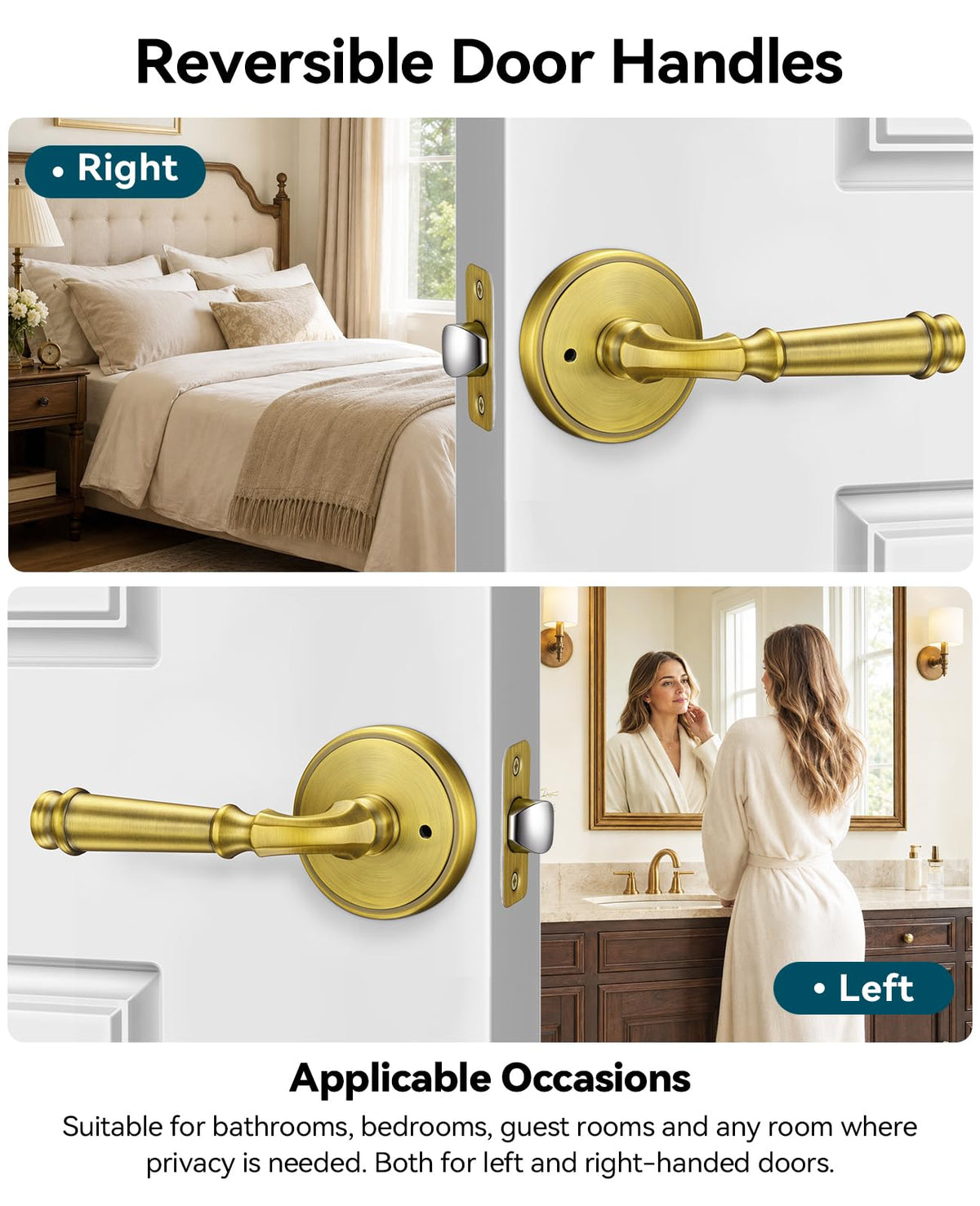 Door Handles Antique Brass Privacy Vintage Door Levers, 6 Pack
