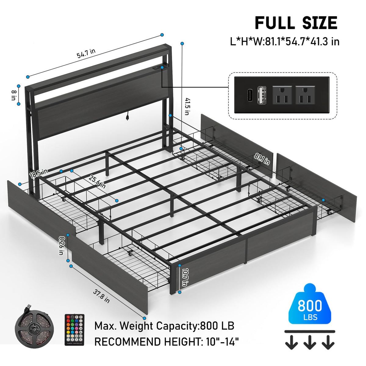 Bed Frame with 2-Tier Storage Headboard and 4 Drawers, Metal Platform Bed Frame with LED & Charging Station, No