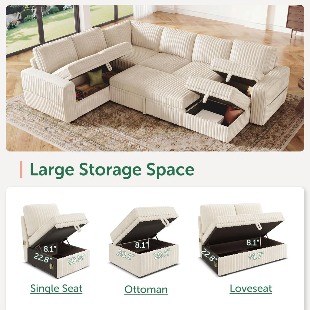 Corduroy U Shaped Sectional Sleeper Sofa with Pull Out Bed, Beige