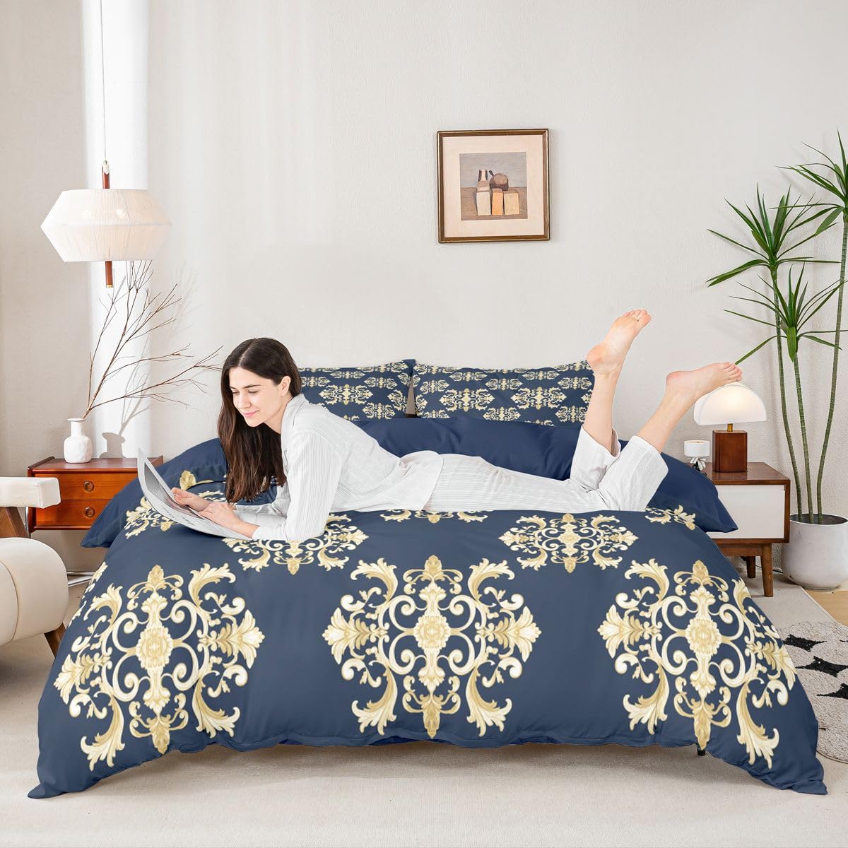Baroque Print Duvet Cover Twin Blue Gold Navy Paisley Bohemian Comforter Cover Vintage Hippie Boho Bedding Set Golden