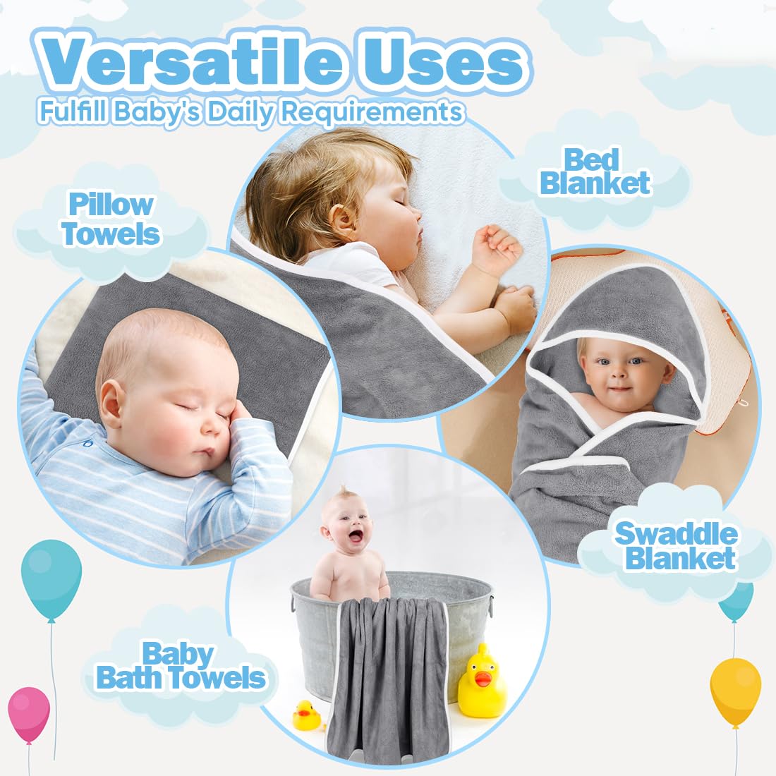 Baby Hooded Towel 6 Pack, 30 x 30 Inch Super Soft Bath Towel with Hood for Babies, Infant, Newborn Essential - Ideal
