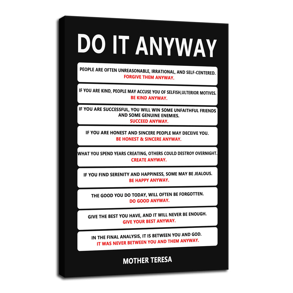 Do It Anyway Canvas Wall Art Inspirational Mother Teresa Quote Poster Wall Decor Paintings Wooden Framed Artwork