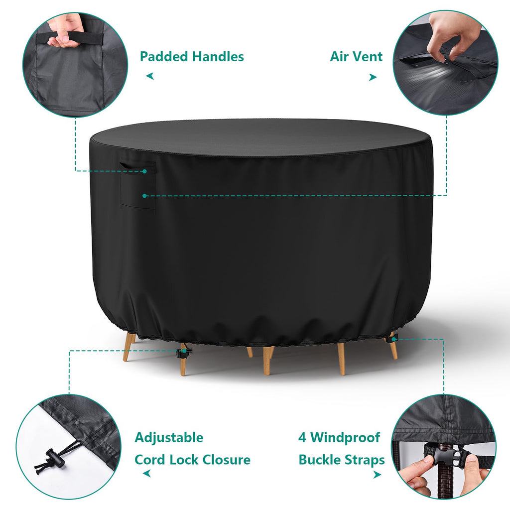 Round Patio Furniture Cover, Waterproof Outdoor Table Covers, Windproof Heavy Duty Patio Furniture Cover for Outdoor
