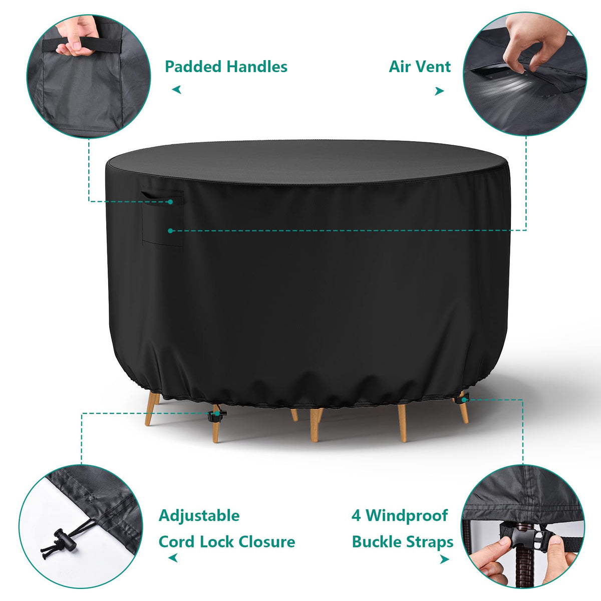 Round Patio Furniture Cover, Waterproof Outdoor Table Covers, Windproof Heavy Duty Patio Furniture Cover for Outdoor