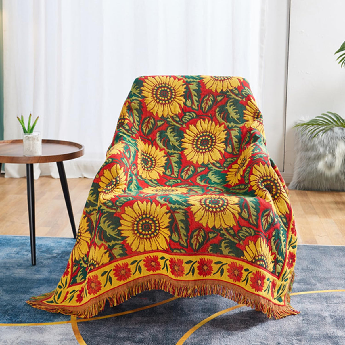 Red Sunflower Throw Blanket with Fringe Boho Throw Blankets Recliner Chair Couch Sofa Cover Woven Reversible Cotton