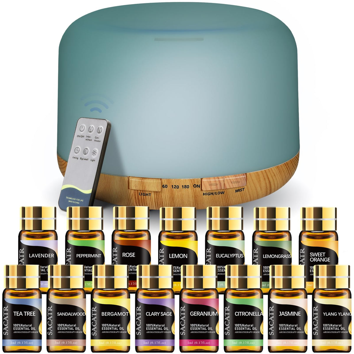 500ml Compact Oil Diffuser with 15 Aromatherapy Grade Essential Oils