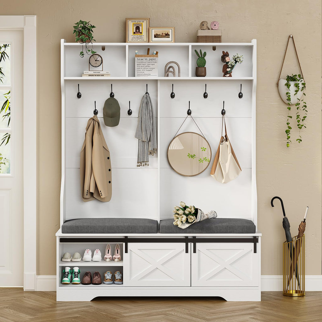 Hall Tree with Bench and Shoe Storage, Entryway Bench with Coat Rack, Modern Farm House Barn Door 3-in-1 Hall Tree