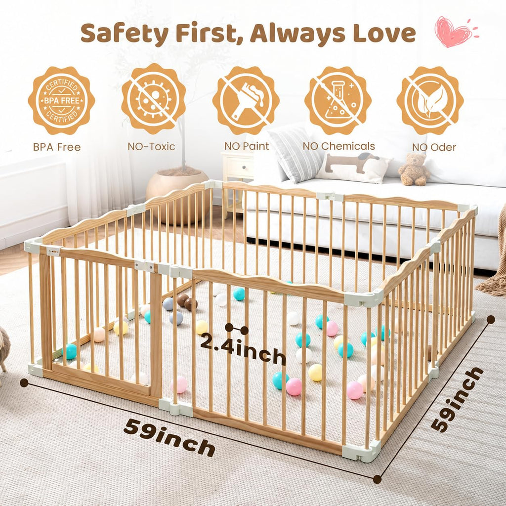 Wooden Baby Playpen Foldable Play Yard with Gate 59"x59" Natural Wood