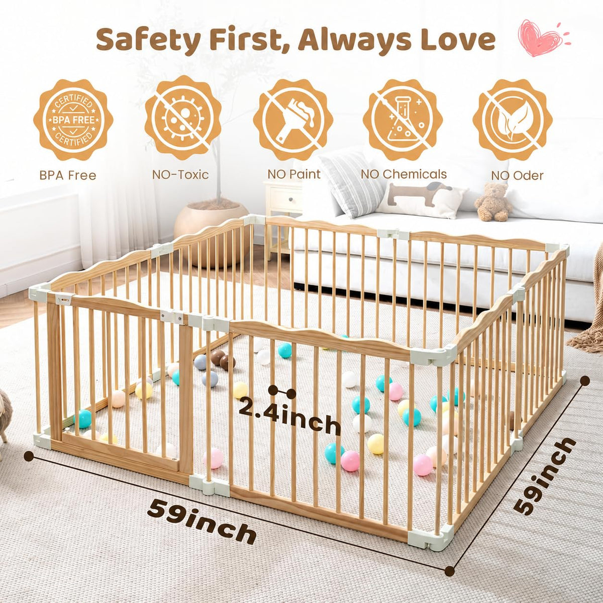 Wooden Baby Playpen Foldable Play Yard with Gate 59"x59" Natural Wood