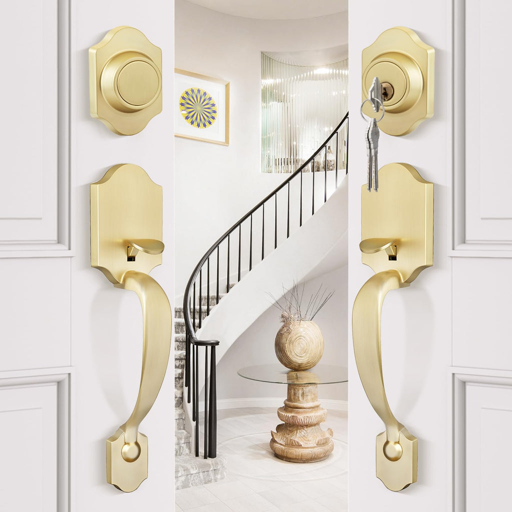 Double Front Door Lock Set, Gold Double Door Handle with Dummy