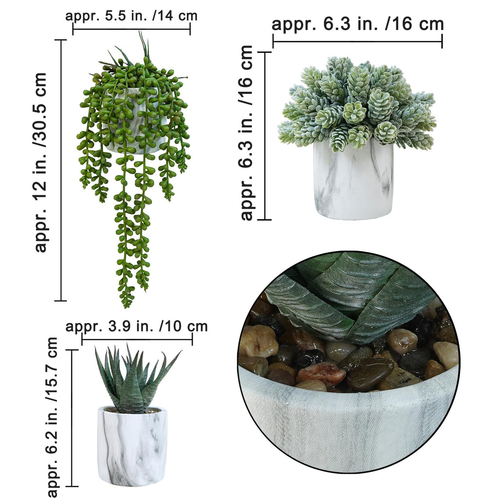 Set of 3 Small Artificial Succulent Potted Plants Fake Aloe Hops String of Pearls in Modern Marble Ceramic Planter