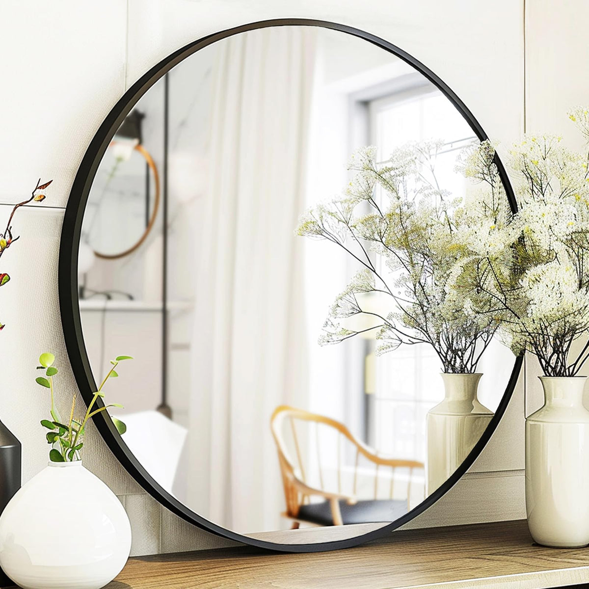 Large Round Mirror, Circle Mirror 30 inch, Matte Black Metal Frame