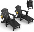 Folding Adirondack Chair Set of 2 with Retractable Ottoman Black | Outdoor HDPE Fire Pit Chair, Cup Holder, Large