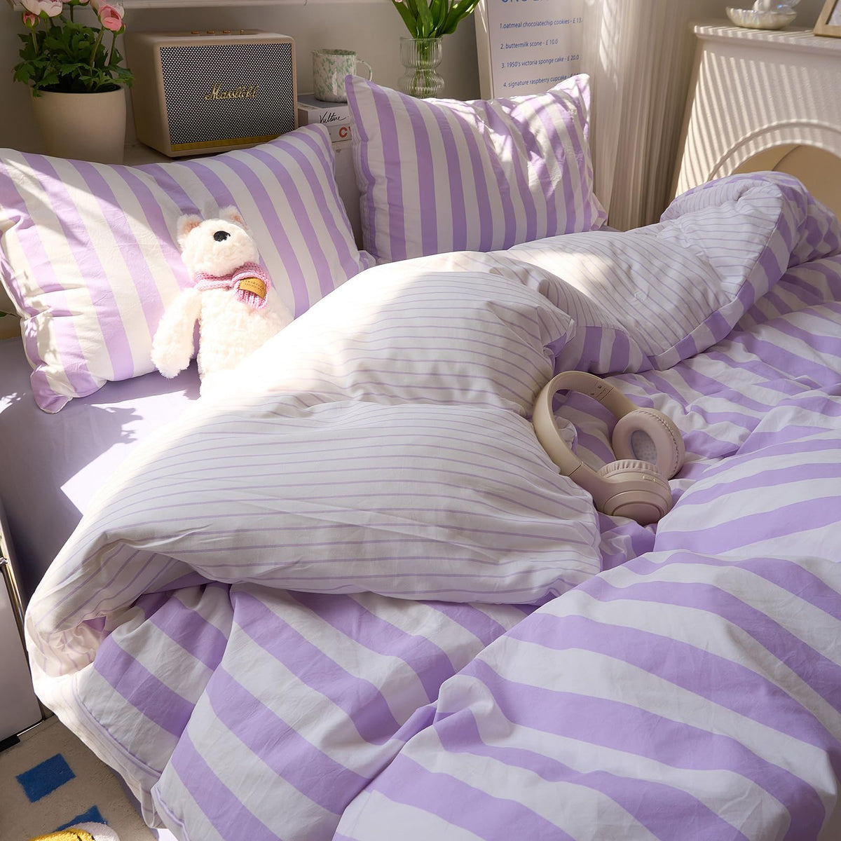 Purple and Beige Striped Duvet Cover Set Twin Size Breathable Soft Jacquard Vintage Stripes Printed Bedding Set 3