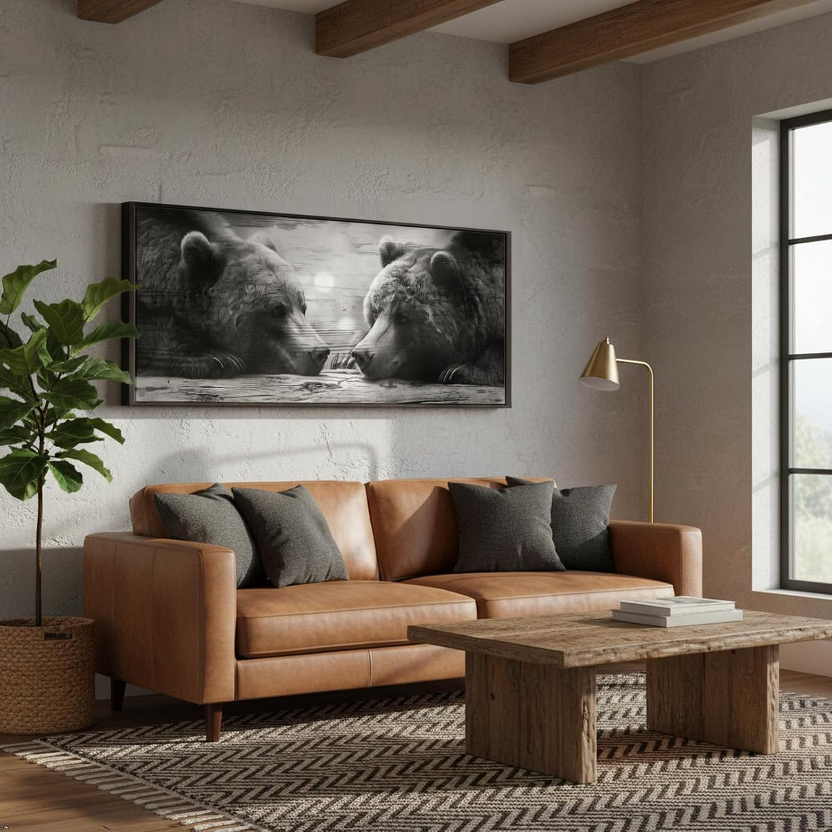Black and White Grizzly Bears Canvas Wall Art 20x48'' Black Floater Frame Wildlife Prints Stretched Canvas Ready to