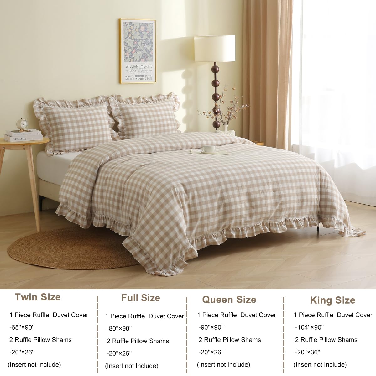 Tan Gingham Plaid Ruffle 3-Piece Duvet Cover Set
