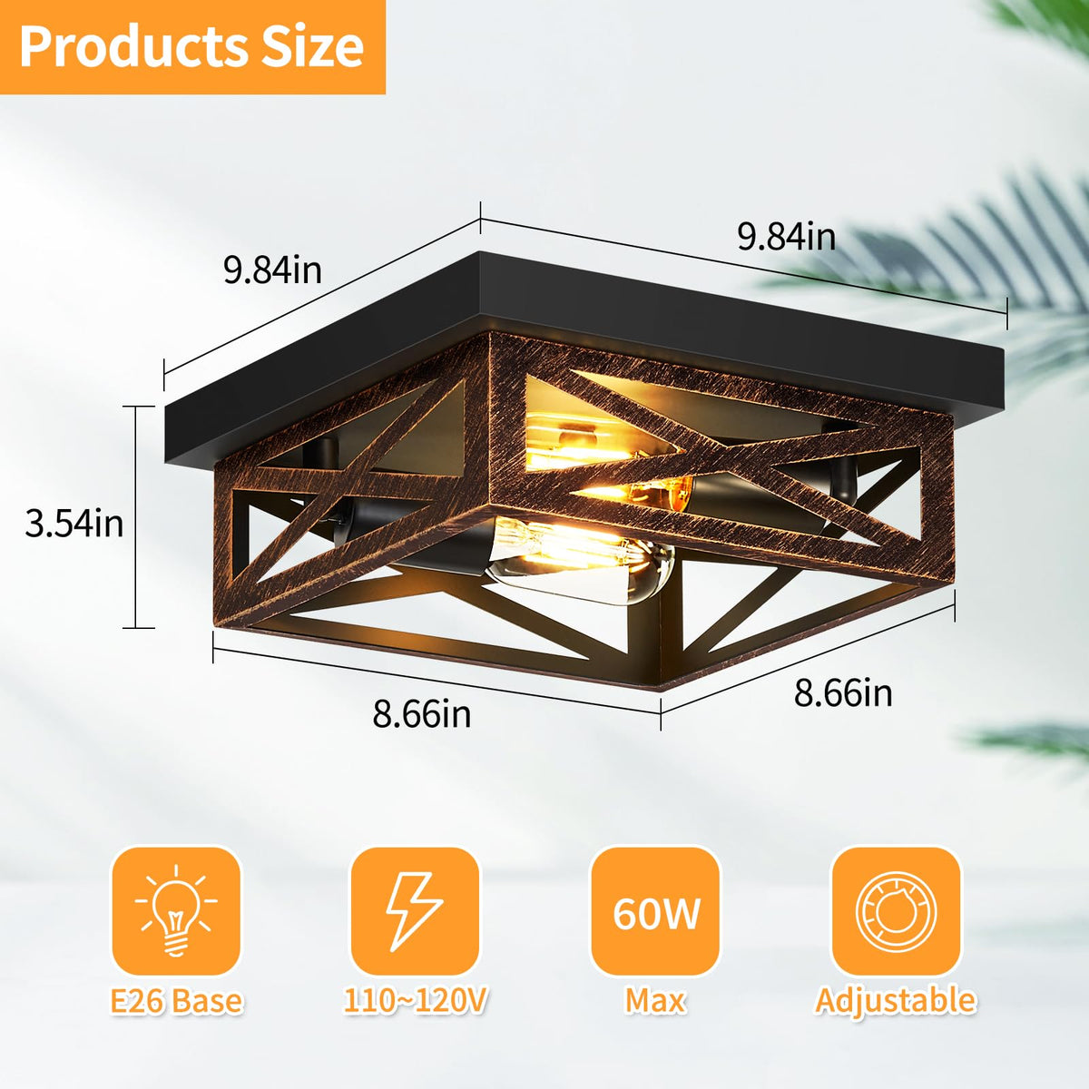 Flush Mount Ceiling Light, 2-Light Farmhouse Light Fixtures, Square Hallway Light Fixtures, Rustic Black Ceiling Light