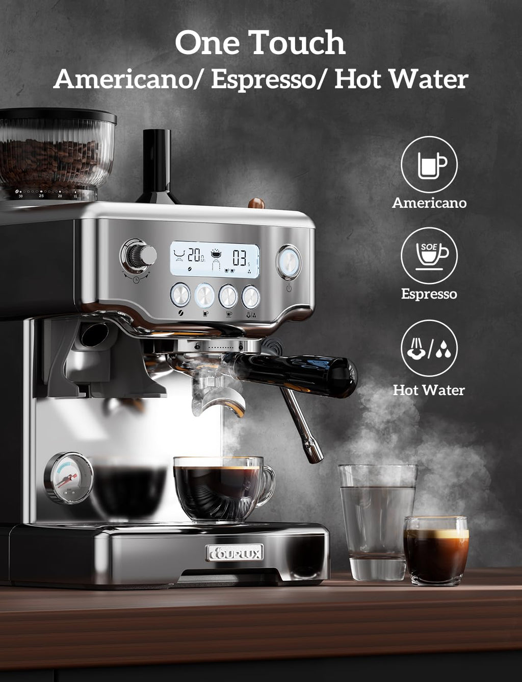 Compact Espresso Machine with Grinder, 5 Temp 205°F Max