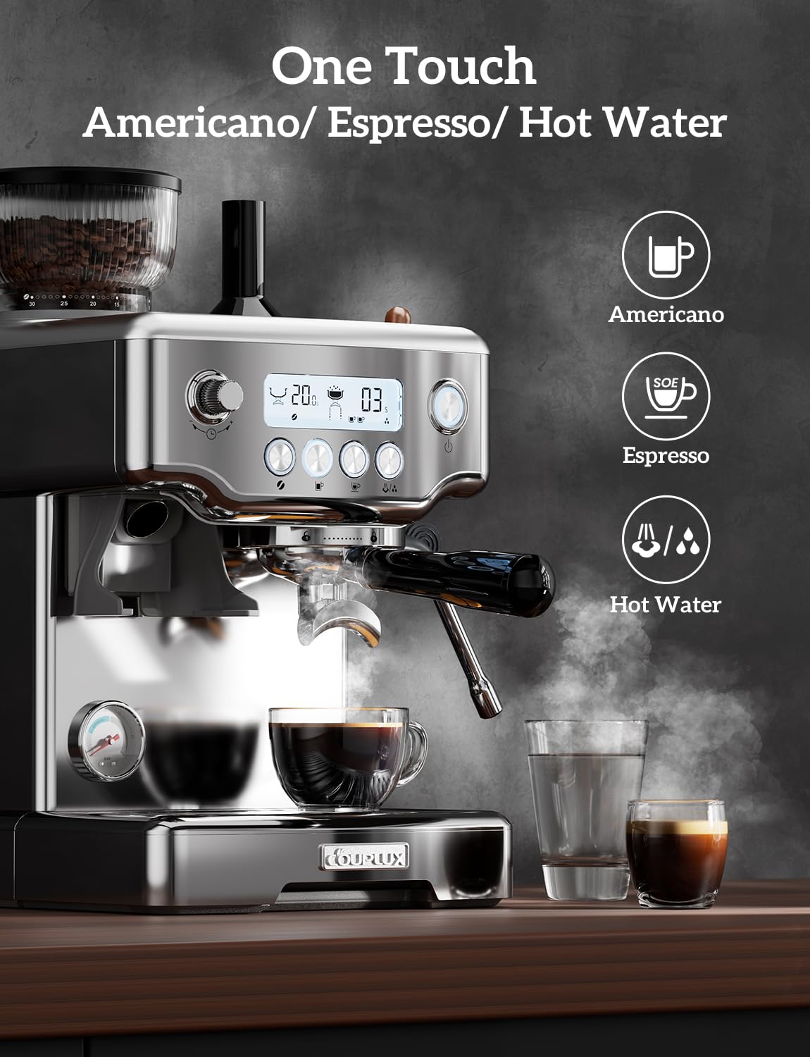 Compact Espresso Machine with Grinder, 5 Temp 205°F Max