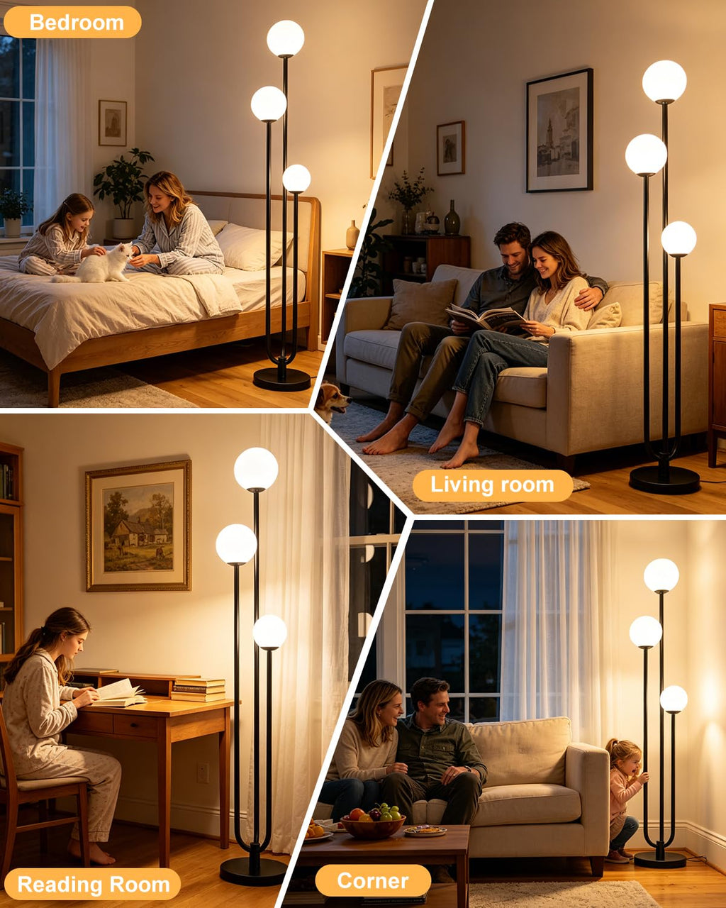 63IN 3-Light Dimmable Floor Lamp, Unique Black Tall Standing Lamps with 3000K Bulbs for Reading, Mid Century Modern