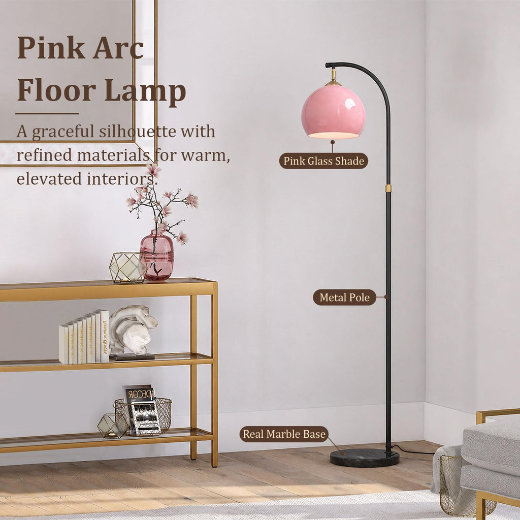Inspired Arco Style Pink Arc Floor Lamp with Natural Marble Base, Mid Century Modern