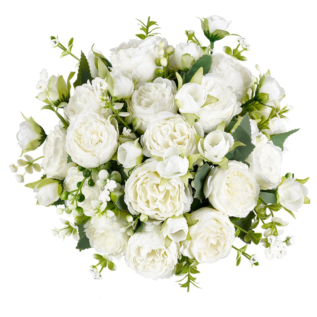 Peonies Artificial Flowers, Silk White Fake Flowers Bouquet 4 Pack