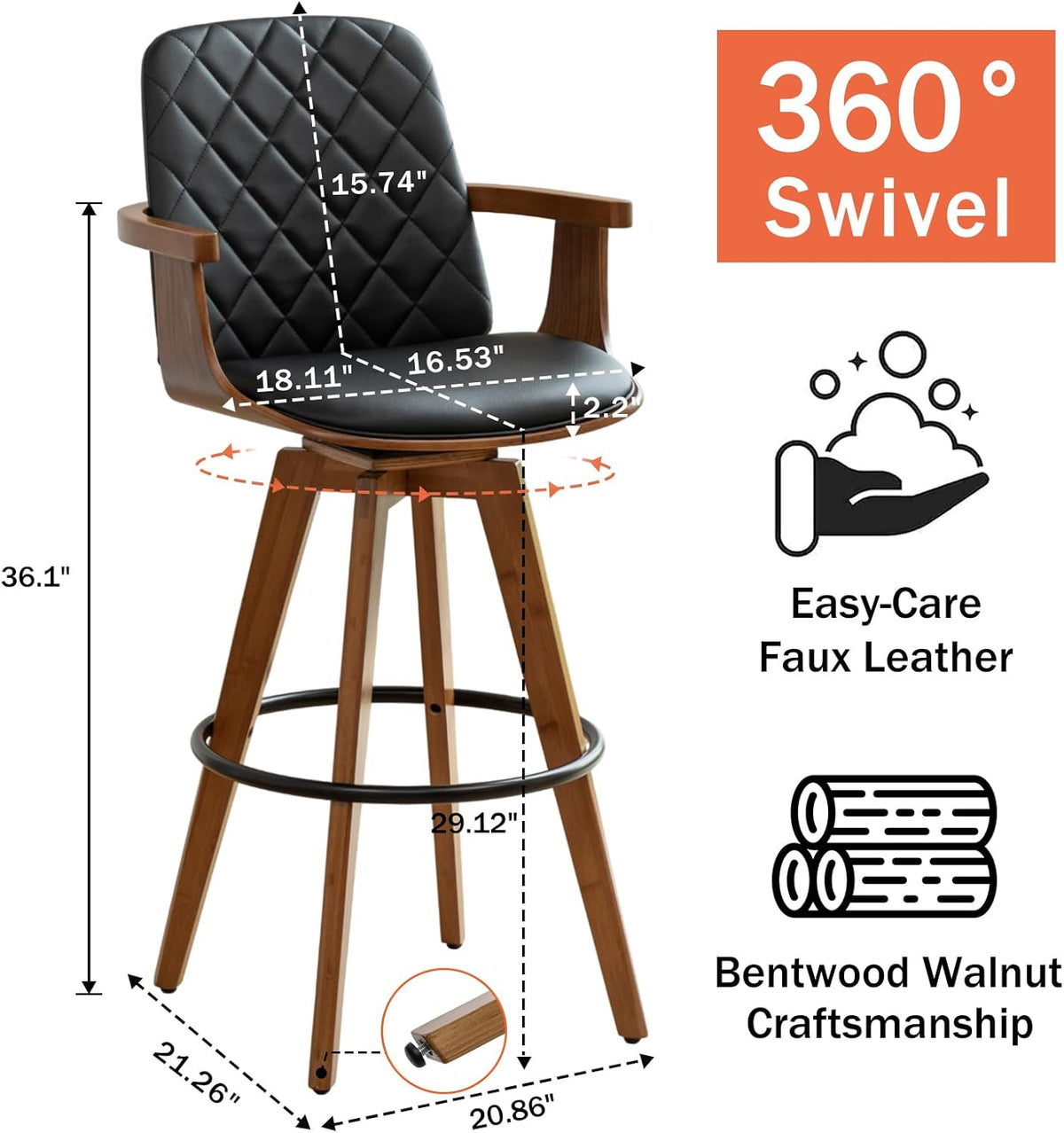 Set of 2 Bar Height Bar Stools - 29.12 inch Swivel Bar Stools with Curved Back and Arms, Walnut Craftsmanship