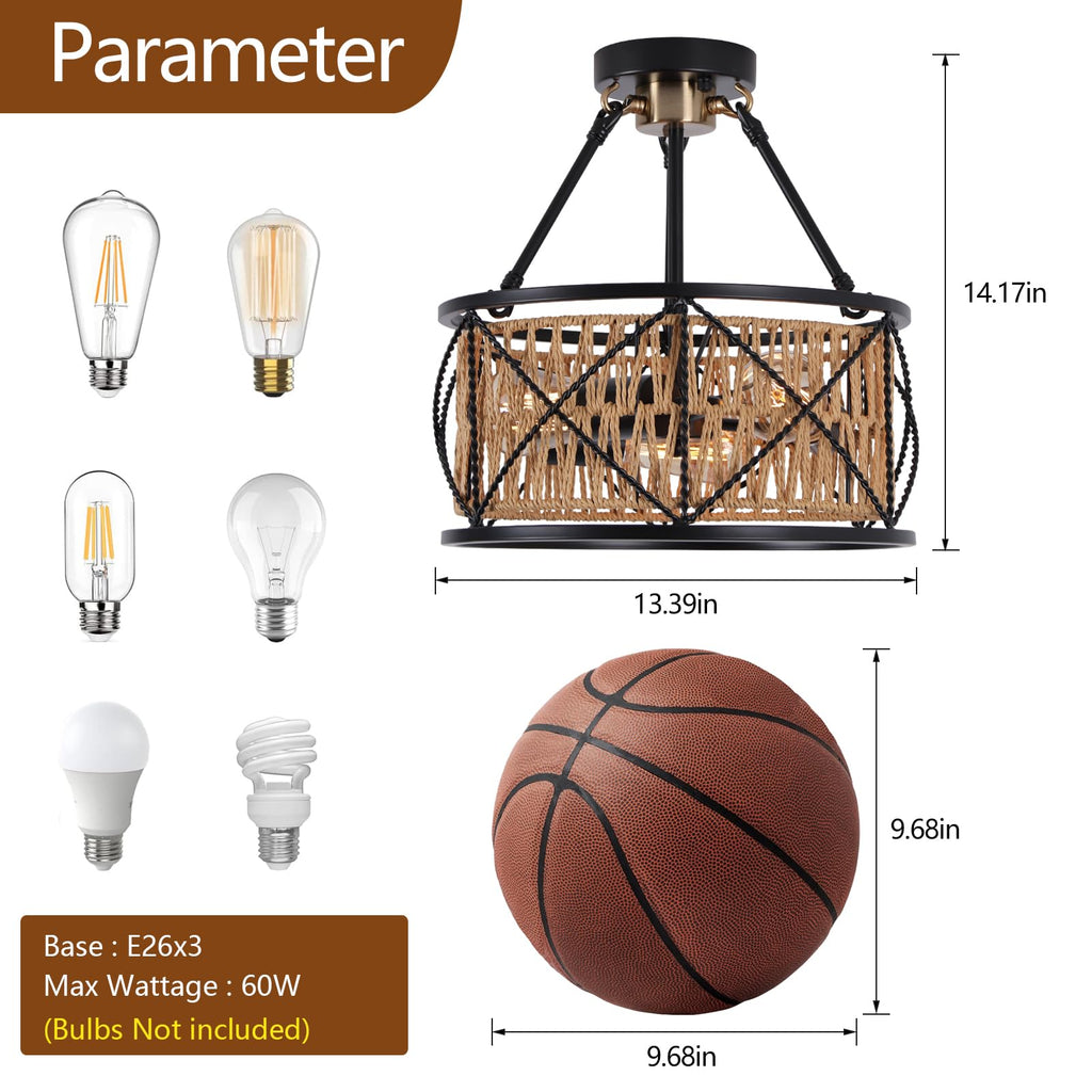 3-Light Hand Woven Boho Ceiling Light, Farmhouse Industrial Dual Round Semi Flush Mount Chandelier, Black Gold Rattan