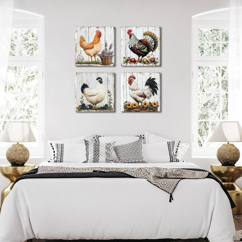 Chicken Rooster Wall Art Farmhouse Pictures Wall Decor Bedroom Countryside Farm Animals Posters Cabin Room Decor