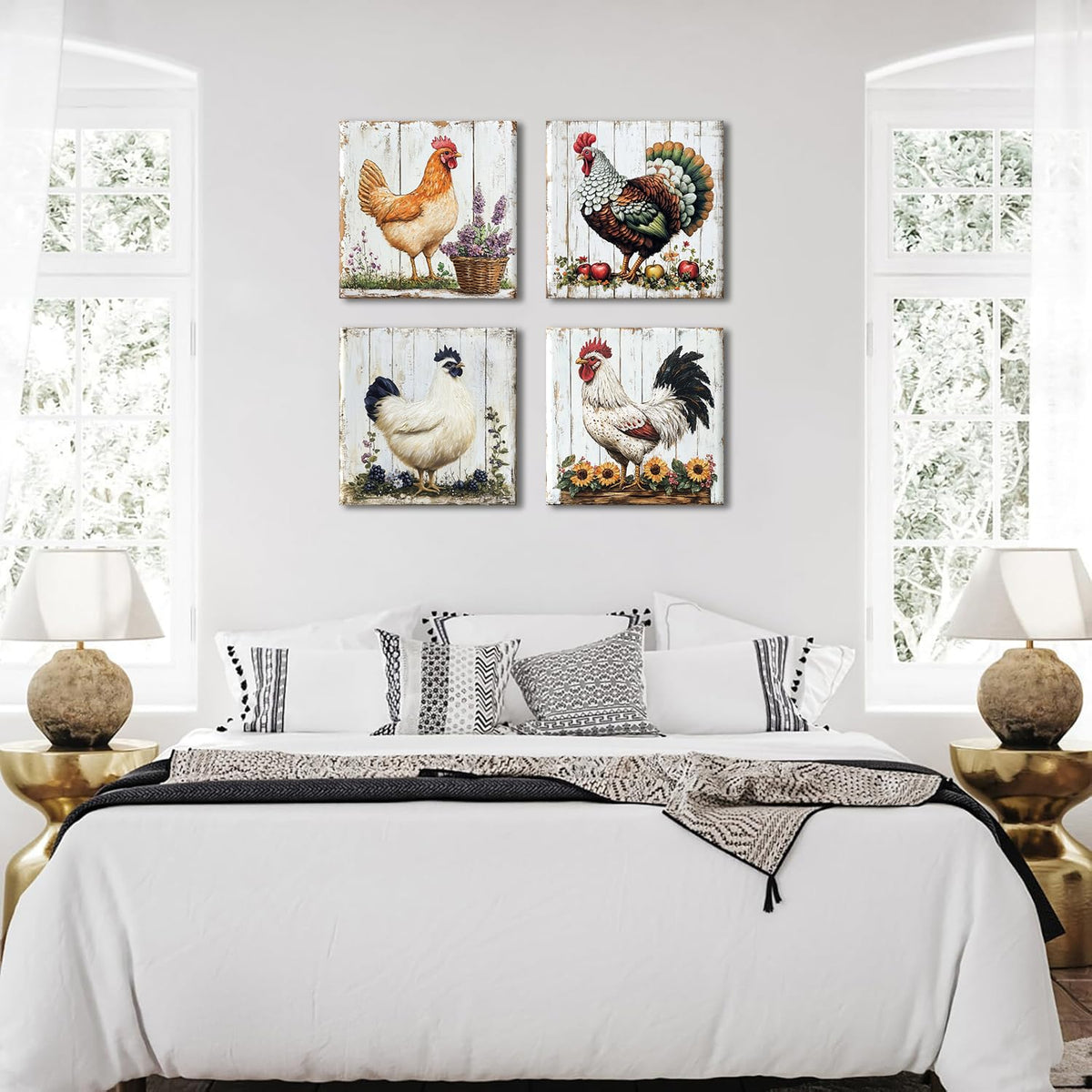 Chicken Rooster Wall Art Farmhouse Pictures Wall Decor Bedroom Countryside Farm Animals Posters Cabin Room Decor