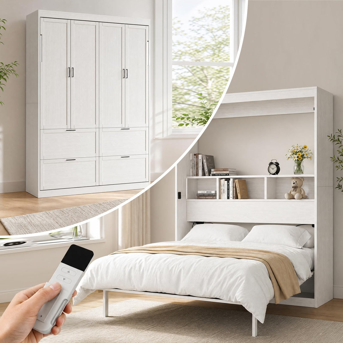 Electric Vertical Full Murphy Bed with Storage Shelf-White