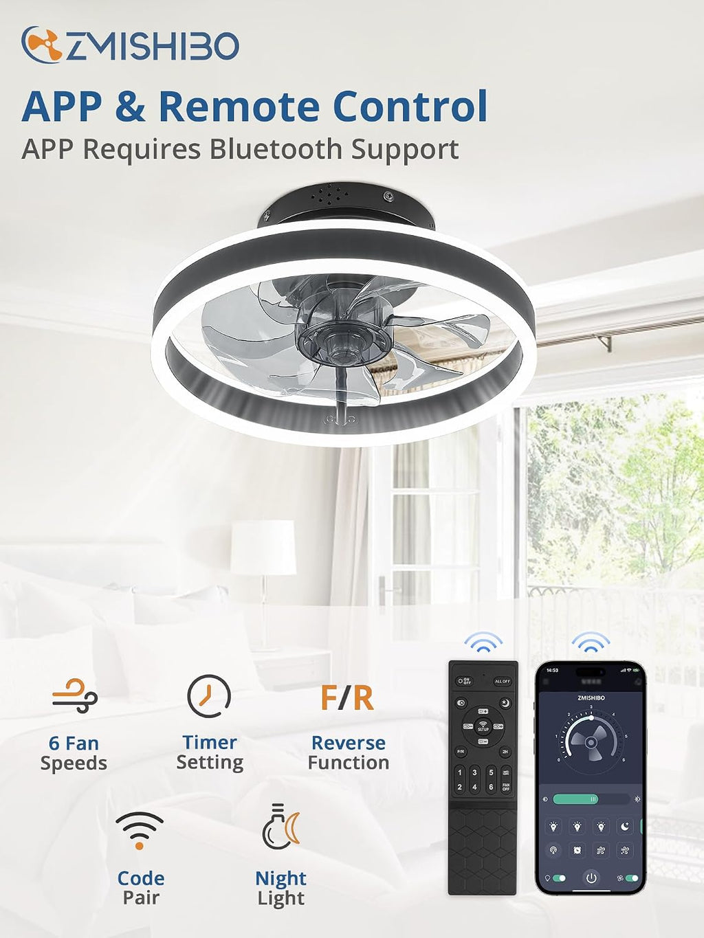 13" Black Flush Mount Chandelier Ceiling Fan with Light & Remote