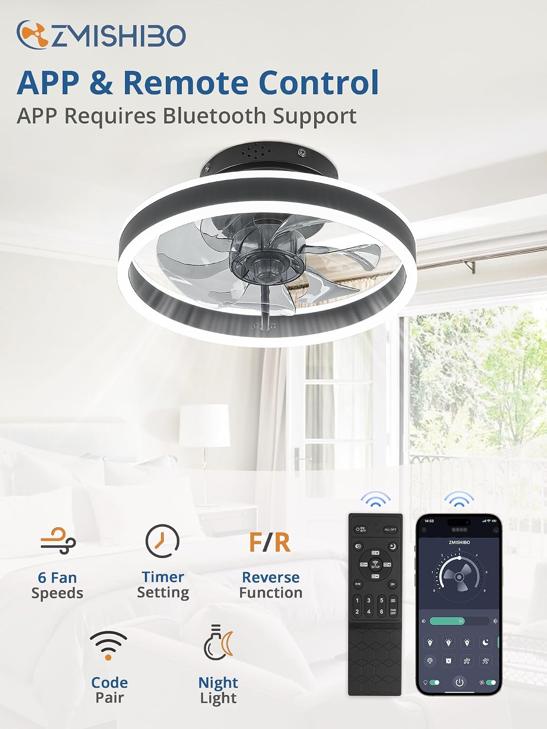 13" Black Flush Mount Chandelier Ceiling Fan with Light & Remote