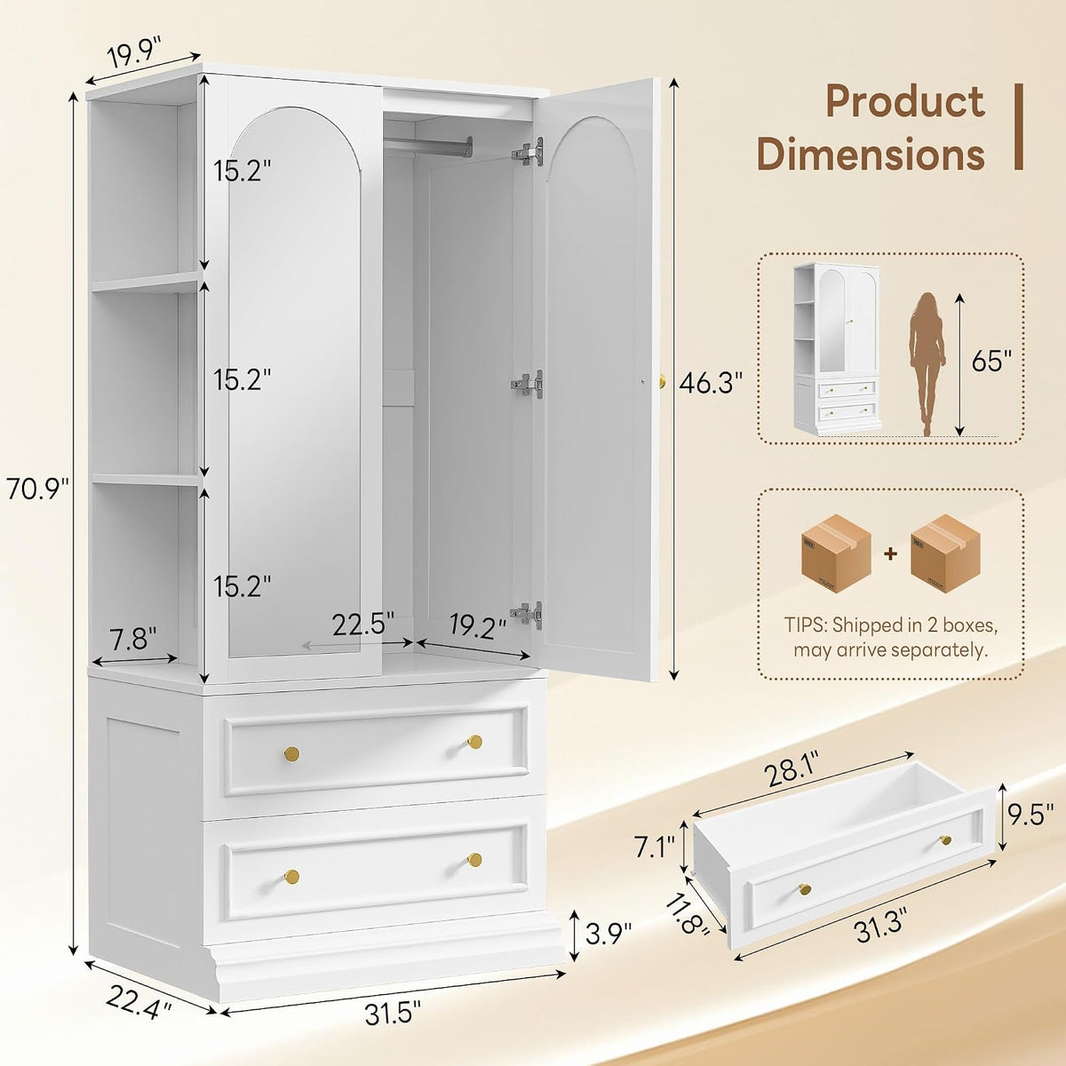 Armoire Wardrobe Closet with Full Length Mirror, 3 Open Shelves | 71" Freestanding Bedroom Armoire with 2 Drawers, 3
