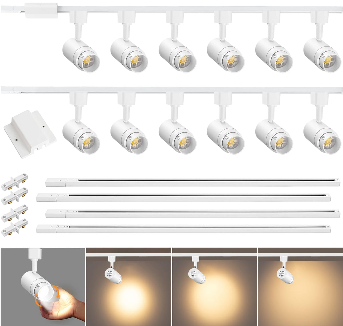 Zoomable 12-Light LED Track Lighting Kit, Dimmable 12W 3000K White