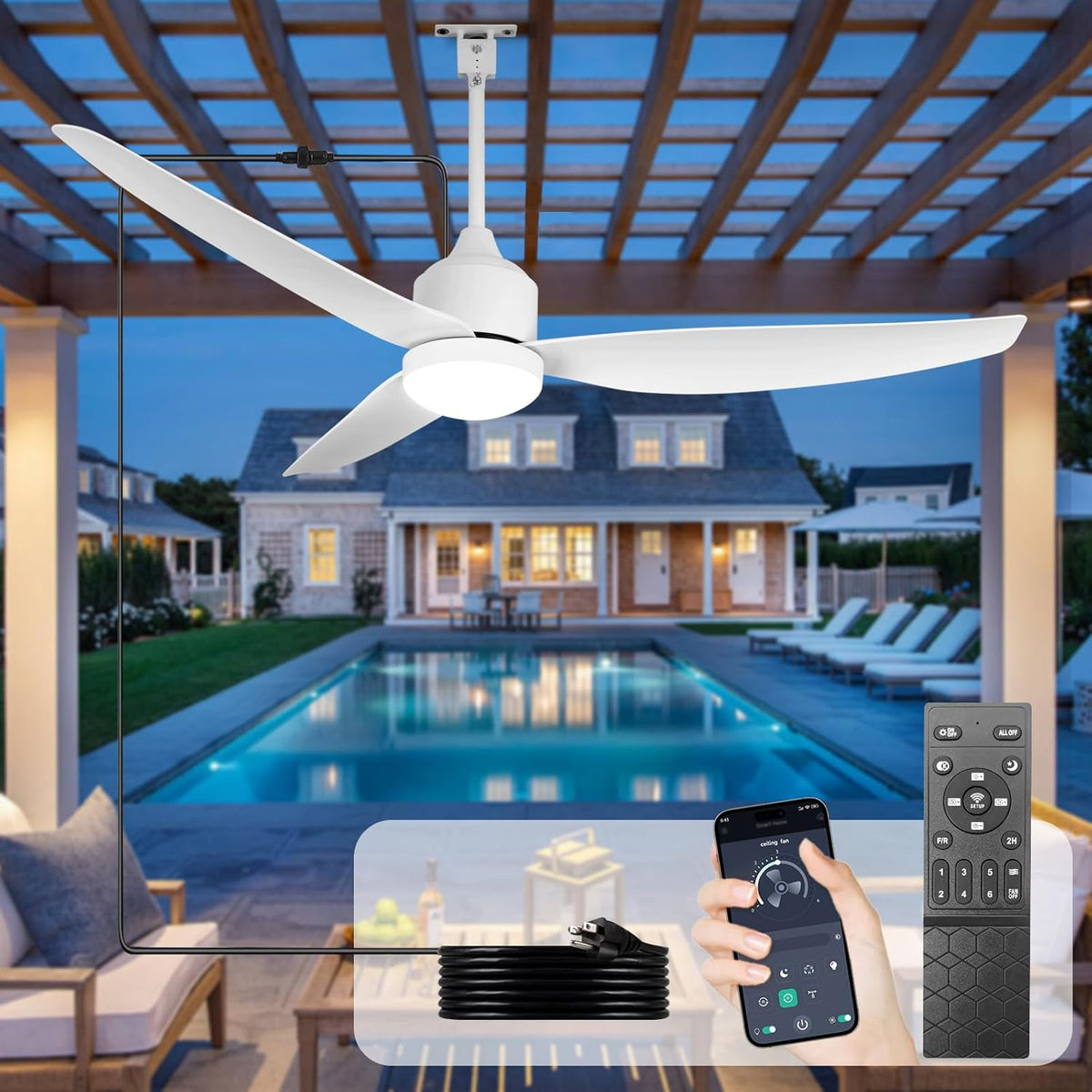 52" White Outdoor Flush Mount Ceiling Fan with Light & Remote