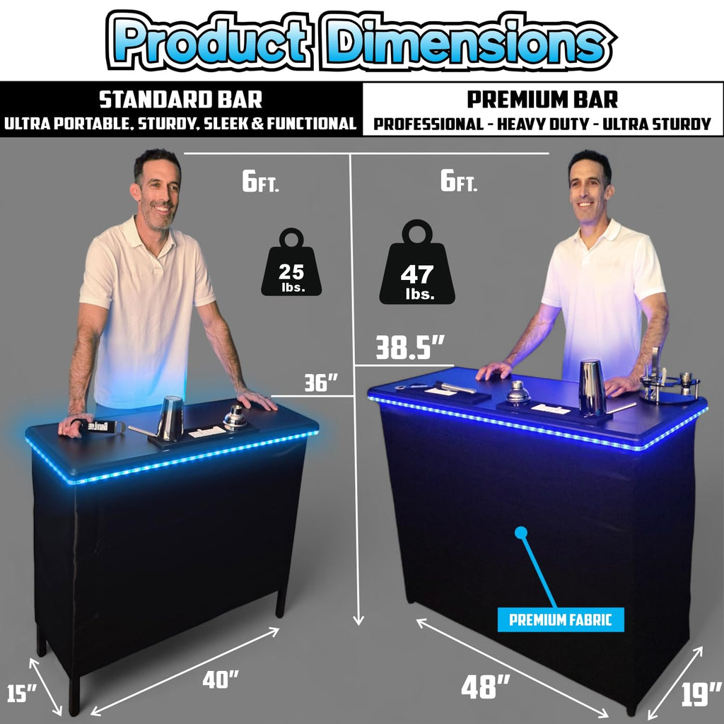 PartyLife NEW & Improved Portable Bar Table w/LED Lights, Folding Steel Legs, 2 Bar Skirts, Supportive Storage Shelf